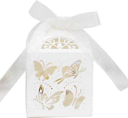 Paquete de 50 cajas de regalo de mariposa, cajas de regalo de dulces con cintas, cajas de dulces para fiesta de boda, fiesta de cumpleaños, bautizo,