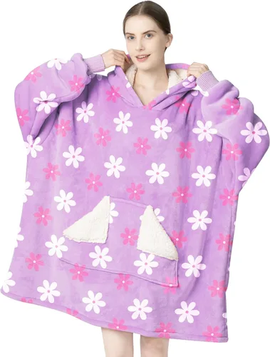 Vista 28 de Touchat - Manta con capucha para usar, sudadera estilo cobija de sherpa de gran tamaño para mujeres con capucha y bolsillo, manta con capucha súper