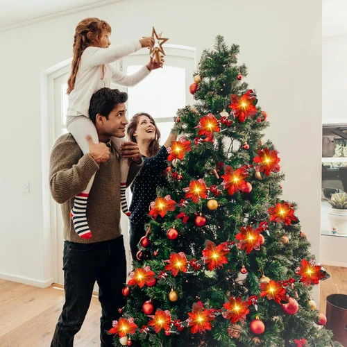 Vista 2 de 2 guirnaldas de flores artificiales de Navidad con purpurina de 6.5 pies, 10 luces LED, guirnalda de flores sintéticas de Navidad con luces, bayas