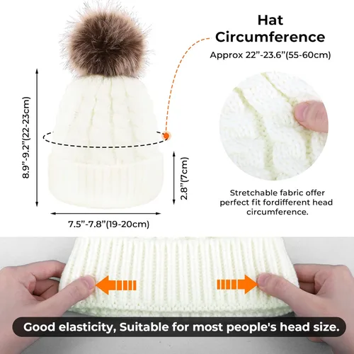 Vista 3 de Livingston Gorro de punto suave de invierno para mujer con pompón de piel sintética