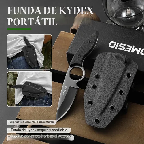 Vista 5 de Omesio Cuchillo pequeño de hoja fija, cuchillo táctico de caza y campamento con funda Kydex, acero inoxidable de espiga completa compacto EDC