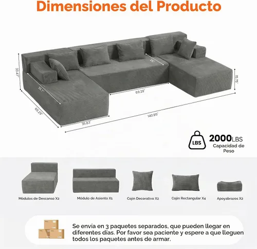Vista 2 de MONVANE Sofá modular modular en forma de U de 141 pulgadas, gris ceniza