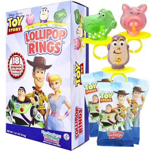 Imaginings 3 Toy Story Anillos de Piruleta Envueltos Individualmente Suministros para Fiestas de Cumpleaños, Buzz Lightyear, Rex y Hamm, Piruletas
