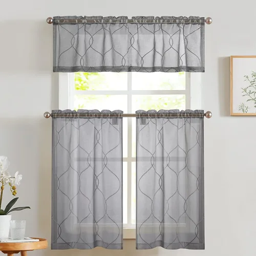 Vista 12 de Vangao - Cortinas de cocina estilo granja a rayas, cortinas de lino para café con diseño de rayitas, cortinas de 24 pulgadas de largo, con bolsillo