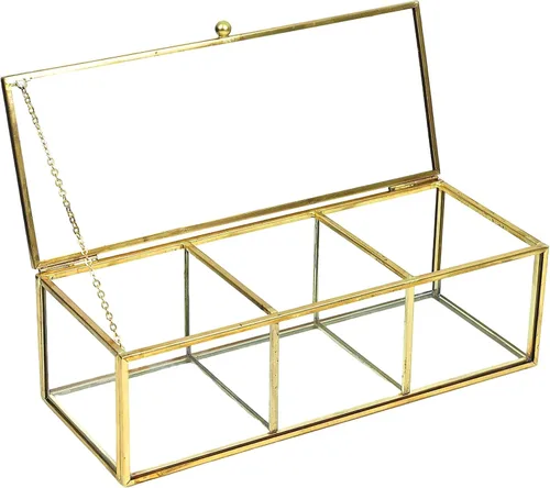 Vista 9 de HighFree Caja de té de cristal dorado con 3 compartimentos, caja de almacenamiento para encimera con tapa, vitrina multiusos para bolsas de té