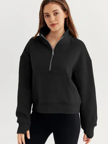 Vista 2 de EFAN Sudaderas cortas para mujer, con media cremallera, forro polar, con cremallera de un cuarto, sudaderas con capucha 2023, ropa de moda de otoño