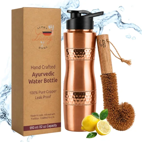 Botella de agua de cobre puro de 32 onzas, botella extra grande de boca ancha con cepillo de limpieza, botella de metal ayurvédica reutilizable a
