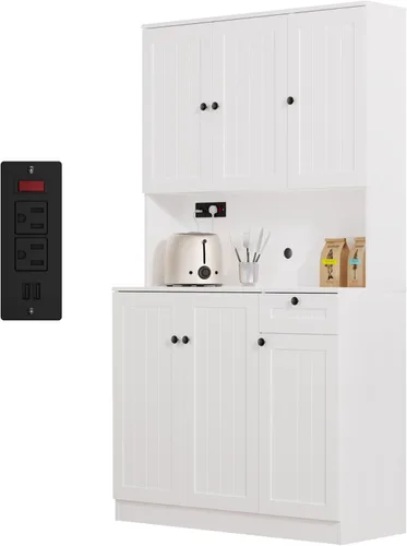 Vista 9 de Furnify Armario de despensa de 71 pulgadas con estación de carga, armario alto de almacenamiento de despensa de cocina con soporte para microondas