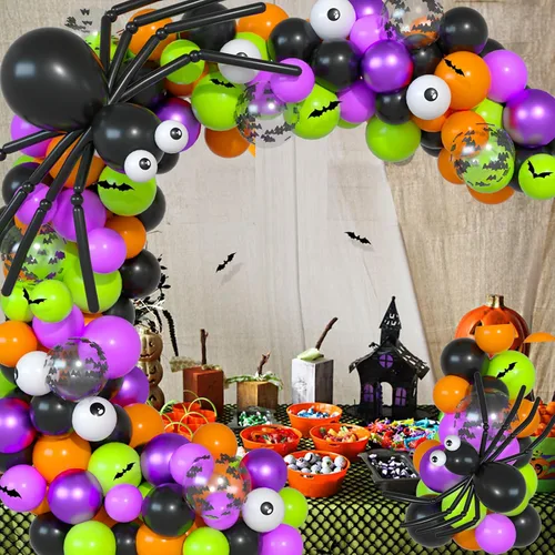 Vista 6 de Arco de globos de Halloween, negro, morado, verde, naranja, ojo, globos largos de látex, confeti, globo, murciélago, calcomanía, kit de guirnalda