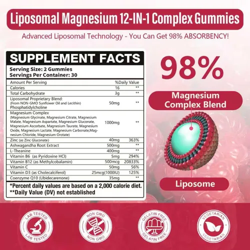 Vista 2 de 2 paquetes de gomitas de complejo de magnesio liposomal, como 12 formas de citrato de magnesio, glicinato, malato, óxido y más con vitamina D3, B6