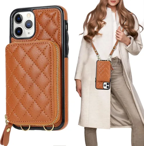 Vista 12 de Bocasal Funda tipo cartera cruzada para iPhone 11 Pro, de piel sintética con bloqueo RFID, con cremallera, funda tipo cartera con función atril