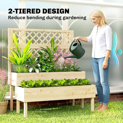 Vista 4 de Outsunny Cama de jardín elevada de 2 niveles con enrejado, maceta elevada de madera con espacios de drenaje, forros, maceta enrejada para plantas