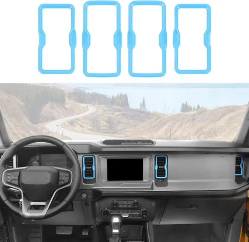 Vista 17 de para salida de aire acondicionado de Bronco, 4 piezas de cubierta de anillo de ventilación de salpicadero de consola central compatible con Azul
