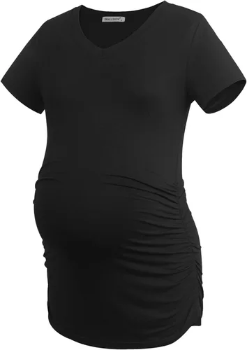 Vista 6 de Smallshow Ropa de maternidad con cuello en V para mujer, camiseta de embarazo fruncida lateral