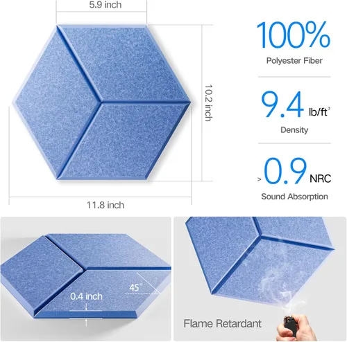 Vista 113 de Paquete de 12 paneles acústicos autoadhesivos de 12 x 10 x 0.4 pulgadas, paneles de espuma a prueba de sonido con alta densidad, elegante diseño