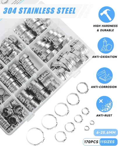 Vista 4 de 170 piezas de abrazadera de manguera de oreja única de acero inoxidable 304 con pinza de abrazadera de oreja, 11 tamaños de 1/4-1 pulgada de anillos