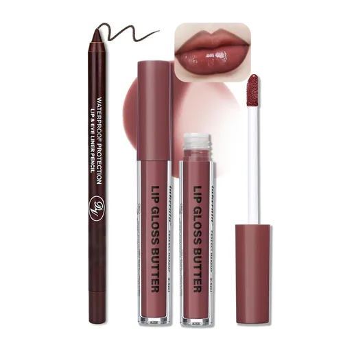 Vista 34 de BAISEN DIARY 2 en 1 doble punta mate delineador de labios y brillo de labios, lápiz combinado de labios marrón nude degradado, delineador de labios