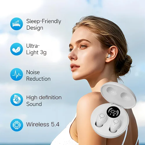 Vista 5 de Auriculares para dormir de lado, ultra mini auriculares inalámbricos Bluetooth 5.4 para dormir, tapones para los oídos ocultos que reducen el ruido