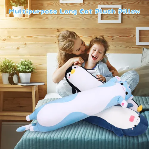 Vista 6 de Achwishap Long Blue Cat Plush Pillow, 35.5in 1.8lb Snow Ice Design Kitten Stuffed Animal, Cute Cat Sleeping Plushy, Soft Cuddly Hugging Body Pillow