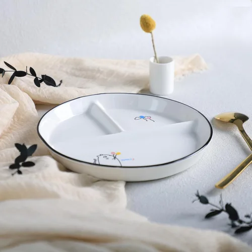 Vista 3 de SOCOSY Plato de cerámica de control de porciones de 3 compartimentos, platos divididos para ensalada de postre, platos de aperitivos, bandejas