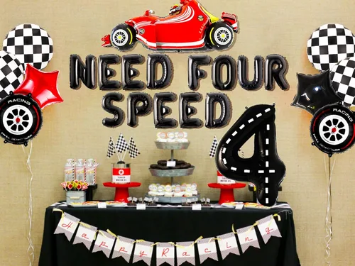 Vista 2 de JeVenis Need Four Speed Birthday Decoration Need Four Speed Balloons Background Car Racing Car Decoración de 4º cumpleaños para niños 4º cumpleaños