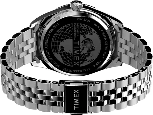 Vista 4 de Timex Reloj Waterbury de 1.614in para hombre, pulsera de acero inoxidable, esfera azul, caja de acero inoxidable