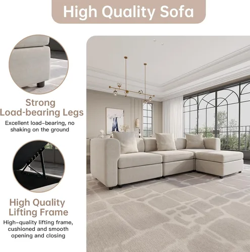 Vista 4 de Guyii Sofá modular de terciopelo, moderno sofá de 4 plazas de gran tamaño con 3 almohadas y reposapiés de almacenamiento, sofá convertible de 115.74