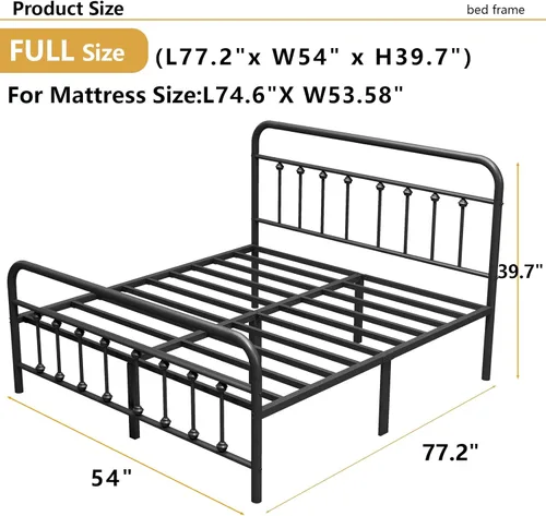 Vista 2 de Vengarus Marco de Cama de Metal, Marco de Cama Tamaño Full con Cabecera, Estructuralmente Estable, con Soporte de Listones de Acero Resistente