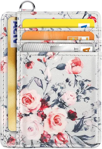 Vista 8 de Cartera delgada con bolsillo frontal RFID para tarjetas de identificación, bonita cartera pequeña con llavero para mujer