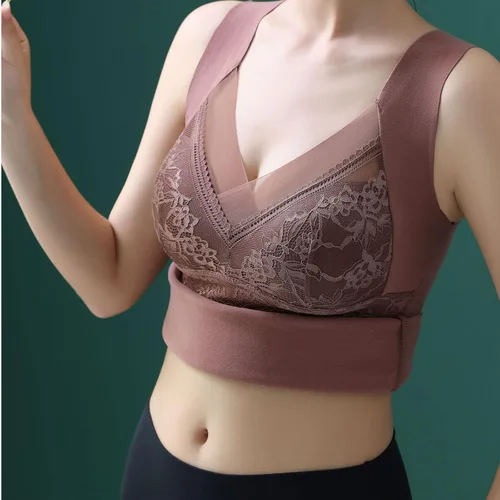 Vista 4 de Ropa interior térmica con forro polar para mujer, cuello en V, encaje, camiseta de compresión, chaleco cálido para invierno, capa base