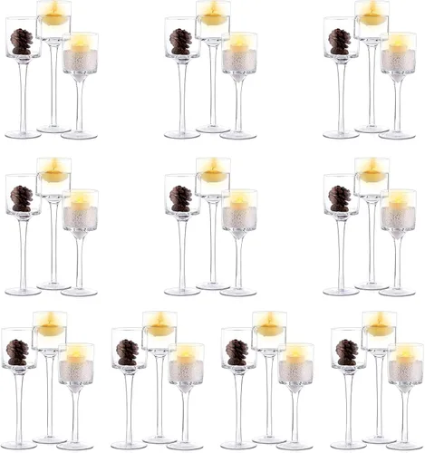 Vista 10 de NUPTIO Portavelas de cristal Tealight: juego de 3 candelabros de tallo largo para centro de mesa de cena, velas flotantes Monet