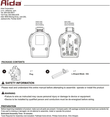 Vista 5 de NEMA 14-30P y 14-30R, 30 amperios, 125 ~ 250 voltios, 3 polos de 4 cables, enchufe angular macho de 4 clavijas y salida de rango de montaje