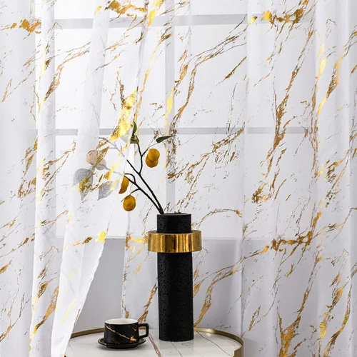 Vista 7 de Sutuo Home - Cortinas traslúcidas de mármol de 63 pulgadas de largo, juego de 2 paneles, con estampado de lámina de oro y bronceado metálico