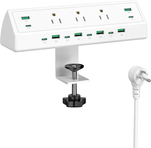 Vista 14 de Jgstkcity Regleta de alimentación con abrazadera de escritorio de 90 W, 12 puertos USB (6 PD 45 W USB-C), protector de sobretensiones, cable