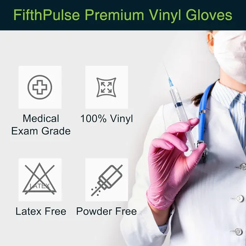 Vista 5 de FifthPulse - Guantes desechables de vinilo rosa (100 unidades, sin polvo, sin látex, guantes para examen médico)