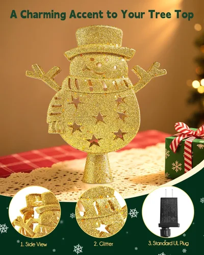Vista 5 de Brightown - Punta de árbol de Navidad con proyector LED 3D de copo de nieve con purpurina integrado, muñeco de nieve dorado para decoración navideña