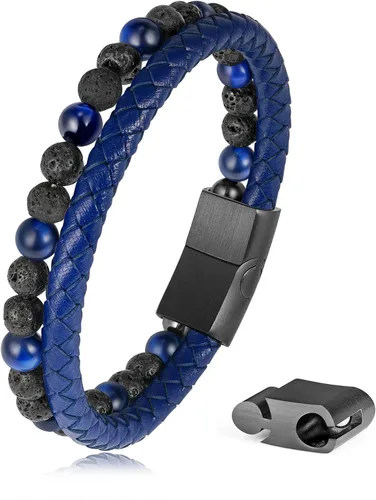LUXEJEW Gifts for Men - Mens Bracelet, Beaded Leather Bracelets for Men 6mm Tiger Eye Lava Rock Stone Handmade Bracelets Adjustable Stainless Steel