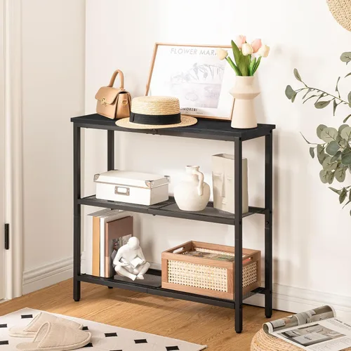 Vista 2 de HOOBRO Mesa consola estrecha de 29.5 pulgadas, mesa de entrada de 3 niveles con estantes, mesa de sofá delgada, mesa detrás del sofá, mesa auxiliar