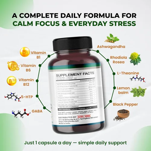 Vista 4 de Ultra Herbs 5-HTP con GABA, L-teanina, Ashwagandha, bálsamo de limón, rodiola, vitaminas B1, B6, B12 - 150 cápsulas vegetales