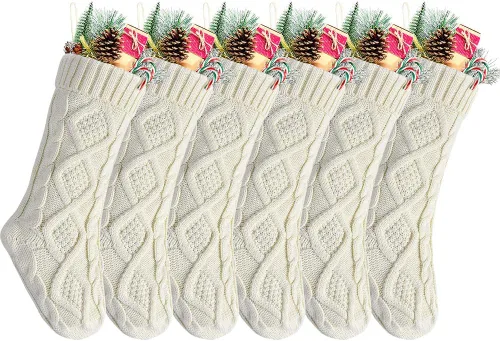 Vista 18 de Paquete de 6, 14" Medias de Navidad de Punto Únicas Color Borgoña y Blanco Marfil Estilo2