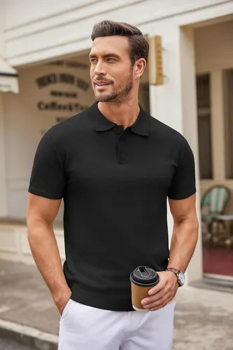 Vista 3 de COOFANDY Polo de punto para hombre, estilo casual, manga corta, con botones, camisa de golf clásica