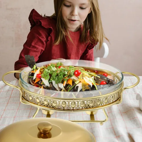 Vista 6 de DOITOOL Juego de platos para bufé, platos dorados para bufé, 1.5L, acero inoxidable, catering, calentadores de alimentos para fiestas, bufé