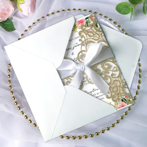 Vista 8 de ponatia 25 tarjetas de invitaciones de boda de 5.12 x 7.1 pulgadas con purpurina plateada cortadas con láser con sobres para tarjetas de invitación