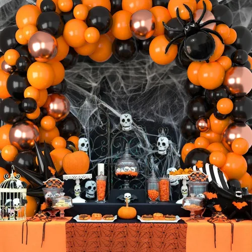 Vista 7 de Kit de arco de globos de Halloween, globos de Halloween 2024, guirnalda de globos de color naranja, oro rosa, negro, con araña, murciélago