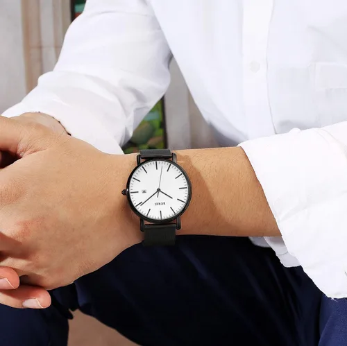 Vista 4 de BUREI Reloj de pulsera analógico de cuarzo ultrafino, calendario de fecha, correa de malla de acero inoxidable