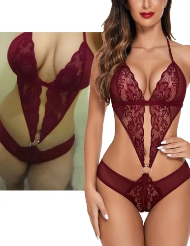 Vista 3 de Avidlove - Lencería de encaje con cuello en V escotado para mujer, babydoll de una pieza