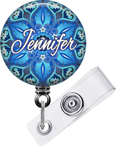 Blue Kaleidoscope Flower Badge Reel - Retractable Id Holder Personalized Nurse Gift - You Choose Custom Fonts, Design Size and Decorative Frame