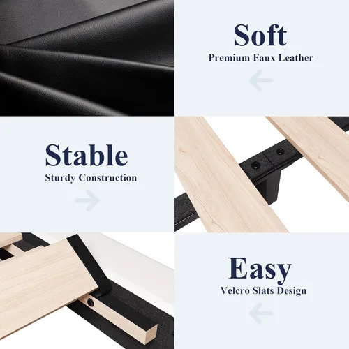 Vista 7 de Allewie Moderno marco de cama de plataforma de perfil bajo ondulado con cabecero curvado ajustable y listones de madera, base de colchón de piel