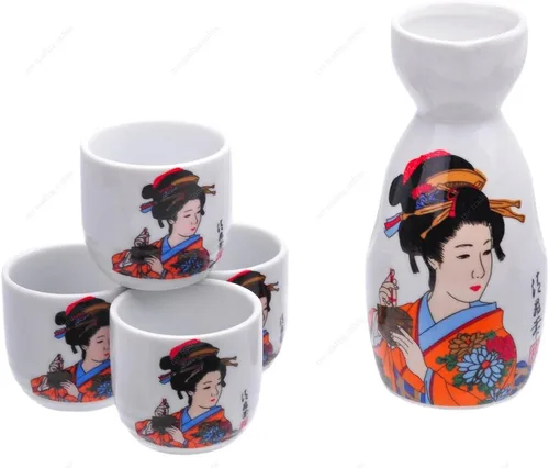 M.V. Trading MSST37V - Juego de sake de cerámica con diseño de Gerisha, botella de 6 onzas / tazas de 2 onzas