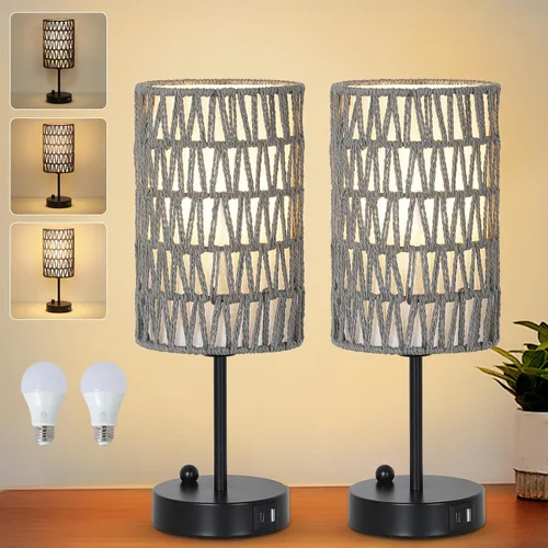 Vista 15 de Juego de 2 lámparas de mesa de noche de ratán, lámparas bohemias con 3 temperaturas de color y puerto USB de CA, lámpara de mesa con cadena